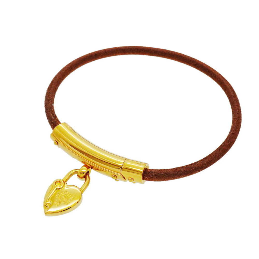 Hermes Viviride Fantasy Heart Bracelet, GP Plated Leather, Gold Brown, Women's